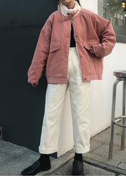 Casual snow jackets stand collar overcoat pink winter parkas - SooLinen