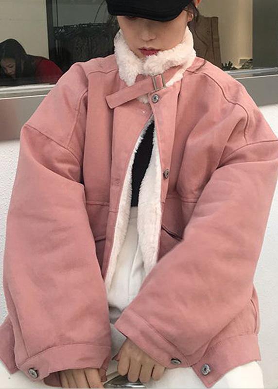 Casual snow jackets stand collar overcoat pink winter parkas - SooLinen