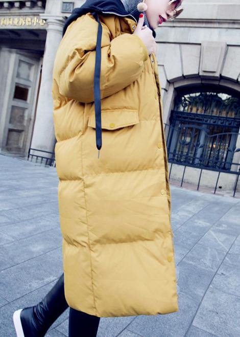 Casual trendy plus size down jacket overcoat yellow hooded drawstring down jacket woman - SooLinen