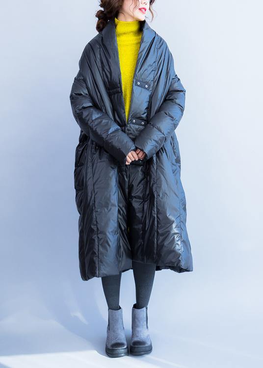 Casual trendy plus size down jacket v neck winter outwear black winter duck down coat - SooLinen