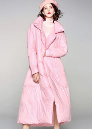 Casual winter jacket tie waist coats pink lapel collar warm winter coat - SooLinen