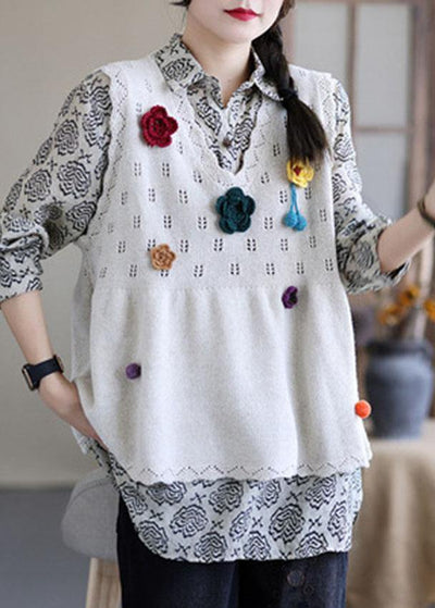 Casual Beige Embroideried Hollow Out Fall Knit Vest Sleeveless - SooLinen