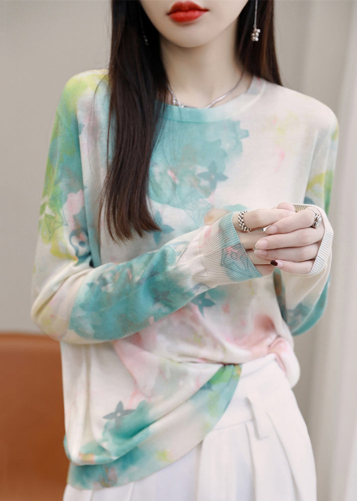 Chain Print Patchwork Silk Cotton Top O Neck Long Sleeve