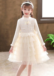 Champagne Button Knit Patchwork Tulle Girls Mid Dresses Fall