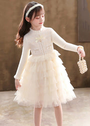 Champagne Button Knit Patchwork Tulle Girls Mid Dresses Fall