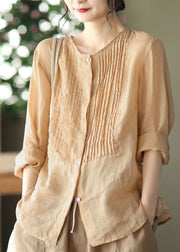 Champagne Colour Linen Shirt Tops Button Wrinkled Long Sleeve