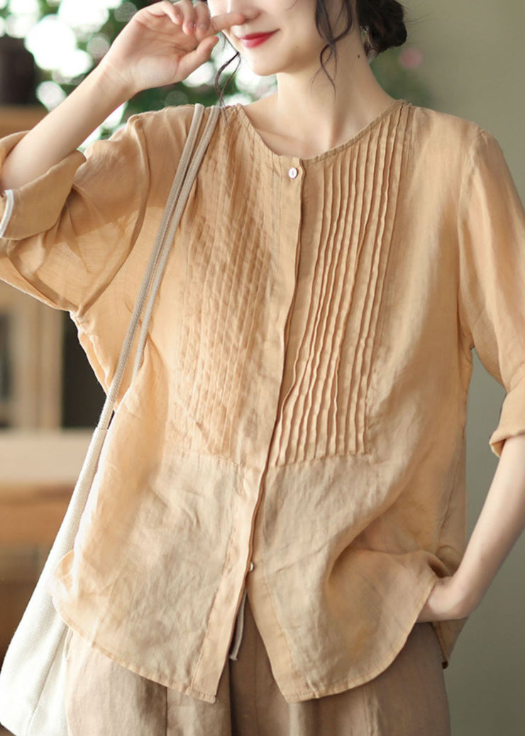Champagne Colour Linen Shirt Tops Button Wrinkled Long Sleeve