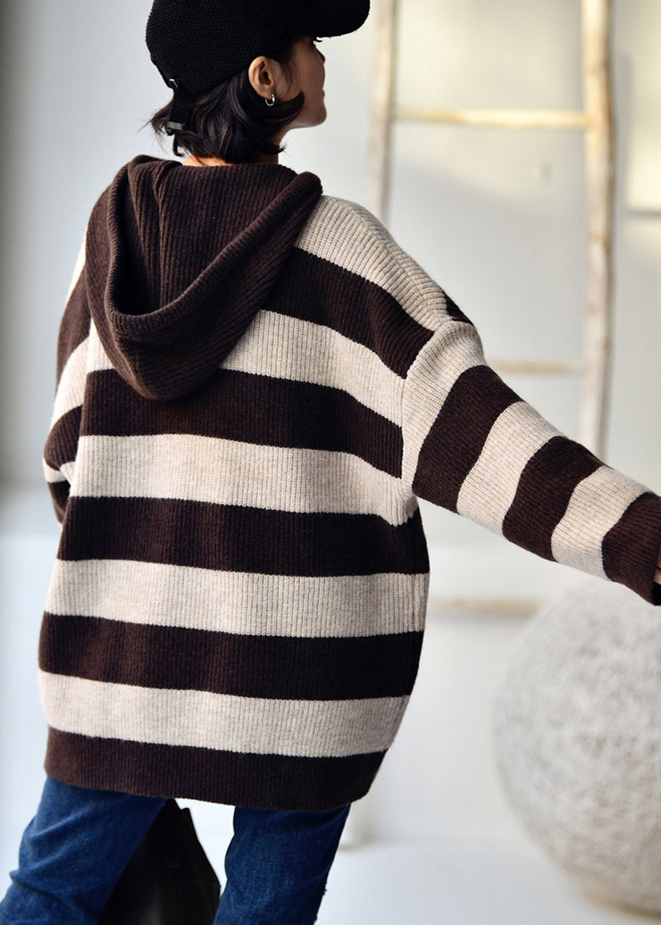 Chic Apricot Coffee Colour Striped Patchwork Drawstring Cotton Knit Hooded Sweaters Fall