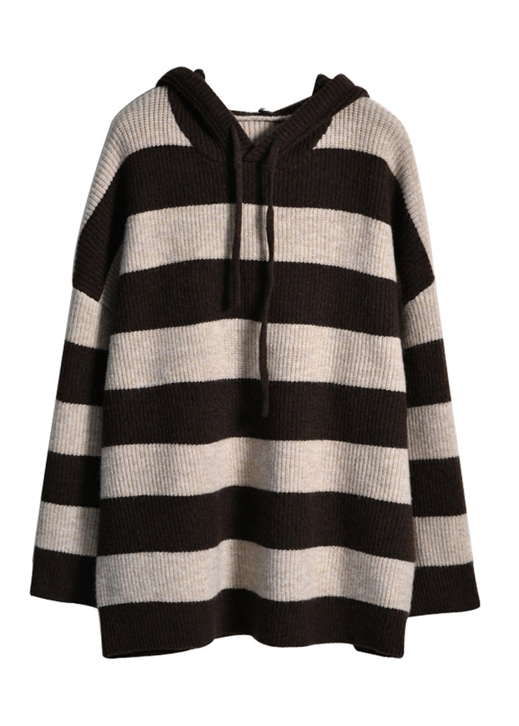 Chic Apricot Coffee Colour Striped Patchwork Drawstring Cotton Knit Hooded Sweaters Fall
