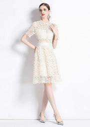 Chic Apricot Embroidered Hollow Out Patchwork Lace Mid Dress Summer