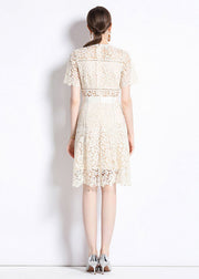 Chic Apricot Embroidered Hollow Out Patchwork Lace Mid Dress Summer