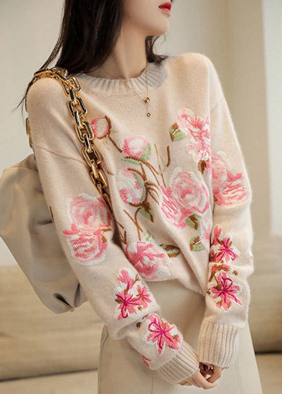 Chic Apricot O-Neck Embroidered Patchwork Woolen Top Fall