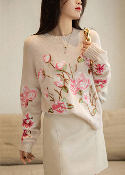 Chic Apricot O-Neck Embroidered Patchwork Woolen Top Fall