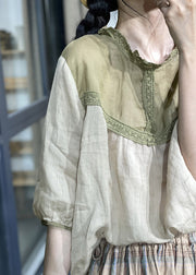 Chic Apricot O-Neck Lace Patchwork Linen Top Half Sleeve