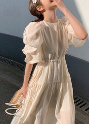 Chic Apricot O Neck Wrinkled Patchwork Silk Dresses Puff Sleeve