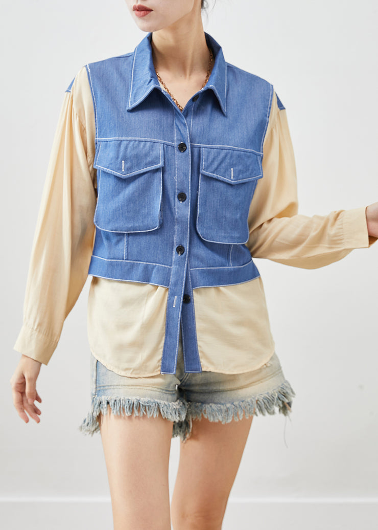 Chic Apricot Oversized Patchwork Cotton Fake Two Piece Shirt Top Fall