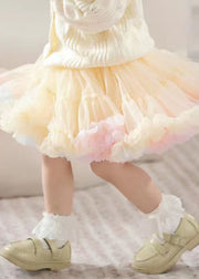 Chic Apricot Ruffled Patchwork Tulle Kids Girls Skirts Summer