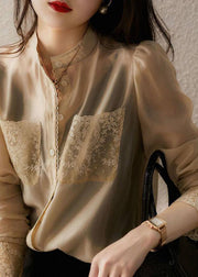 Chic Apricot Stand Collar button Lace Patchwork Chiffon Blouse Top Spring