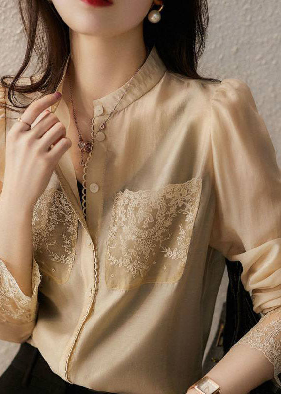 Chic Apricot Stand Collar button Lace Patchwork Chiffon Blouse Top Spring