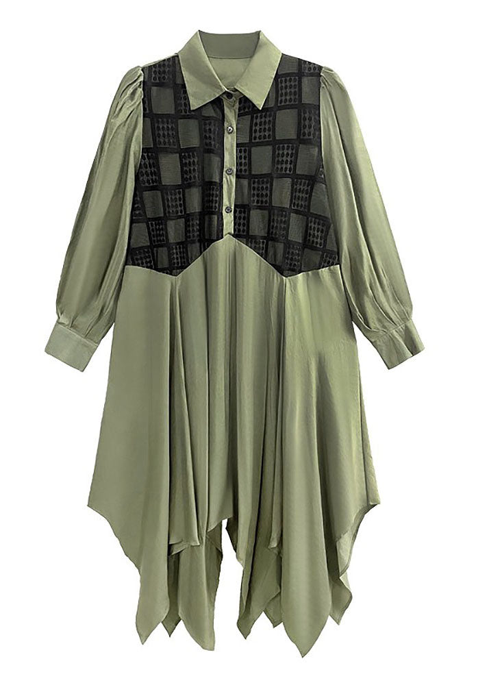 Chic Army Green Asymmetrical Patchwork Cotton Shirt Dresses Spring