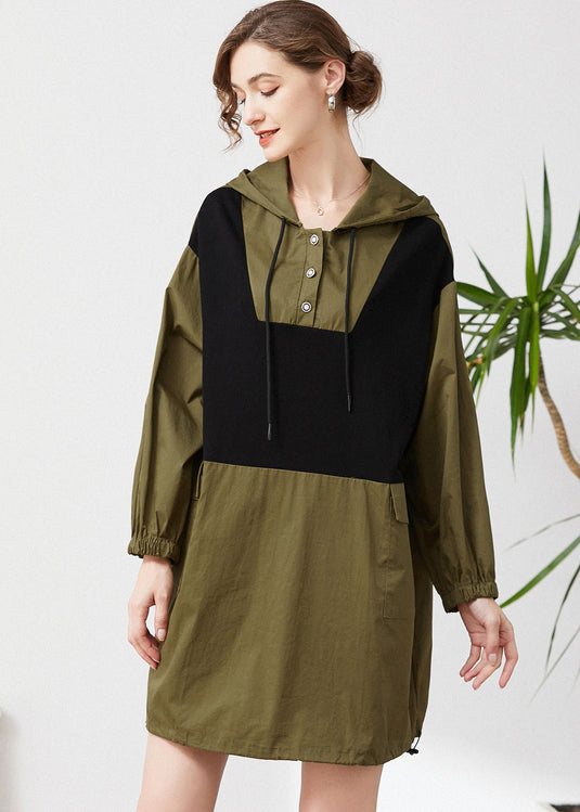 Chic Army Green Hooded Oversized Patchwork Cotton Sweatshirt Streetwear Spring