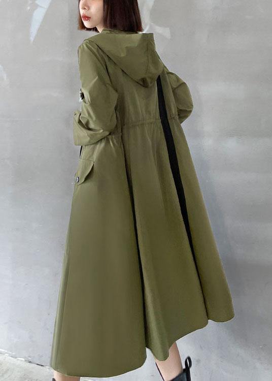Chic Army Green Pockets Patchwork Button Zippered Fall Tie Waist Hooded Coat Long Sleeve - SooLinen
