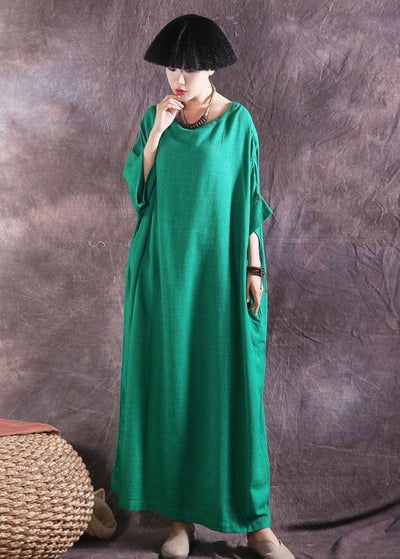 Chic Batwing Sleeve cotton linen dress Tutorials green o neck Dress summer - SooLinen