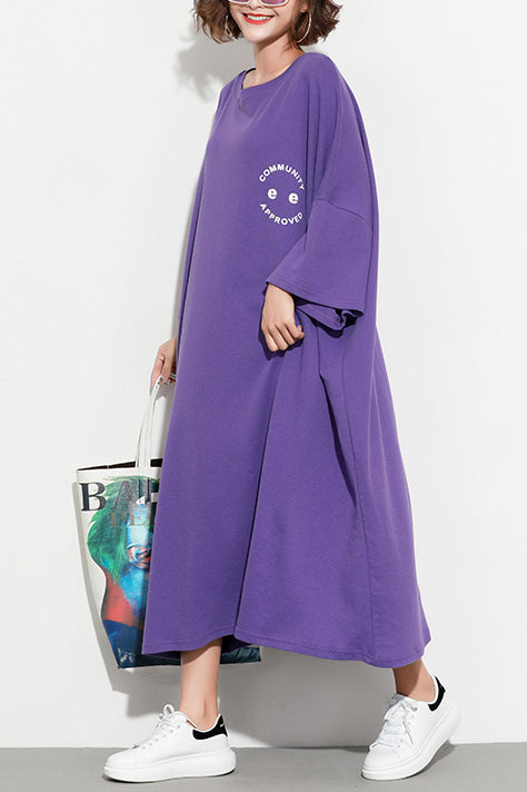 Chic Batwing Sleeve cotton tunic dress2019 Work Outfits purple print Maxi Dresses Summer