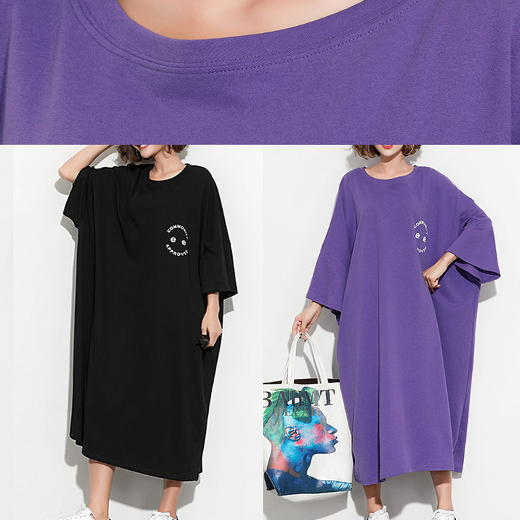Chic Batwing Sleeve cotton tunic dress2019 Work Outfits purple print Maxi Dresses Summer