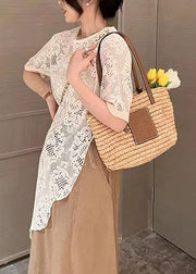 Chic Beige Asymmetrical Hollow Out Lace Top Summer