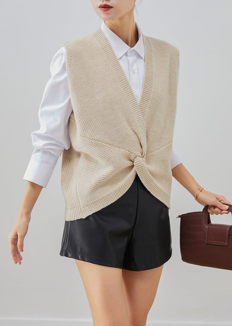 Chic Beige Asymmetrical Oversized Knit Vest Fall