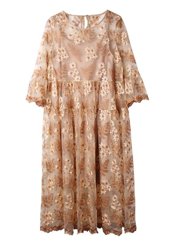 Chic Beige Embroidery O-Neck Summer Holiday Dress - SooLinen