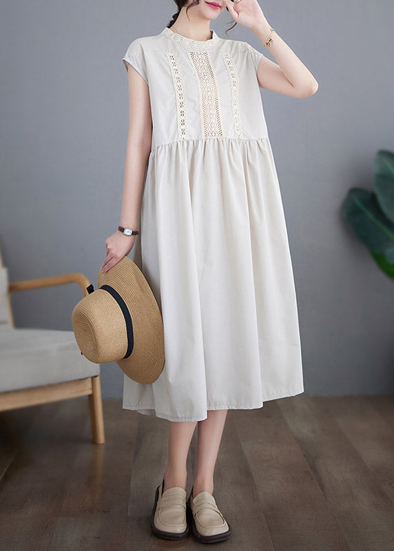 Chic Beige O-Neck Solid Cotton Long Dresses Short Sleeve