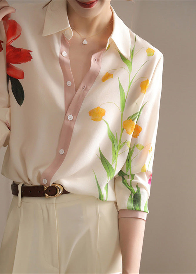 Chic Beige Peter Pan Collar Print Button Chiffon Shirt Spring