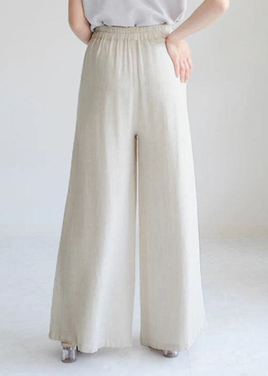 Chic Beige Pockets Elastic Waist Linen Crop Pants Spring