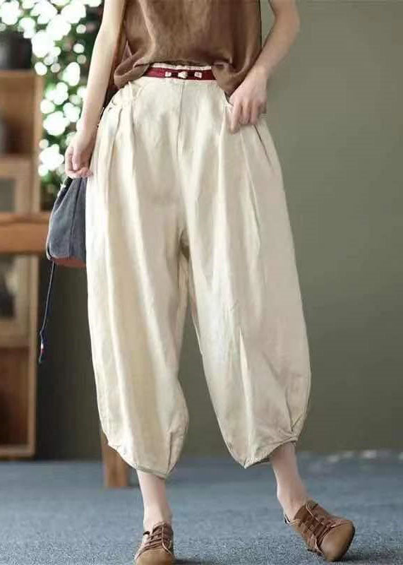Chic Beige Pockets Wrinkled Patchwork Linen Harem Pants Summer