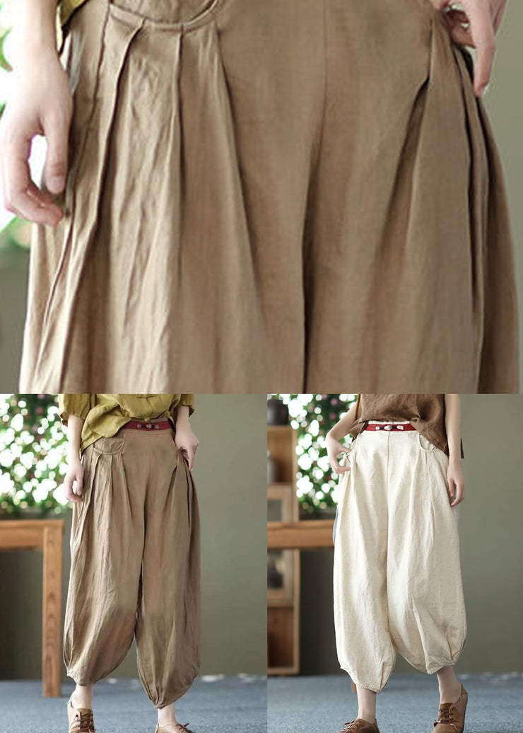 Chic Beige Pockets Wrinkled Patchwork Linen Harem Pants Summer
