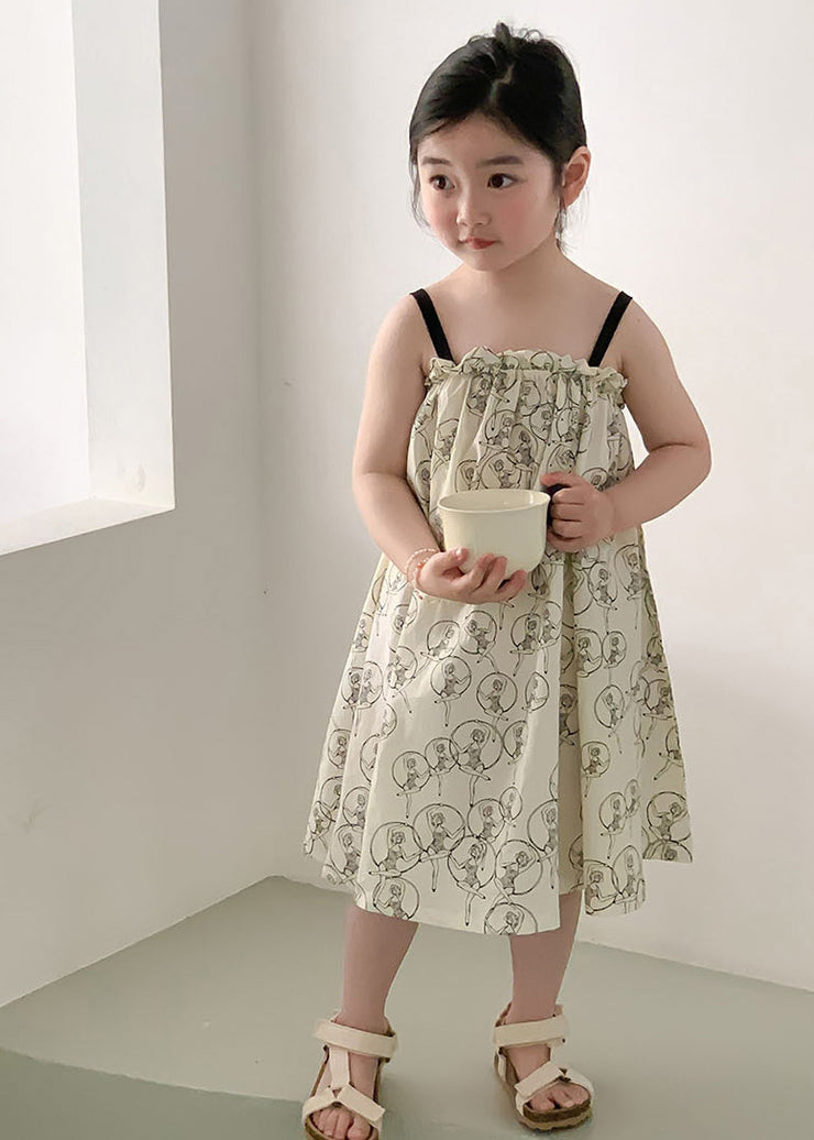 Chic Beige Print Ruffled Patchwork Cotton Slip Maxi Dress Sleeveless