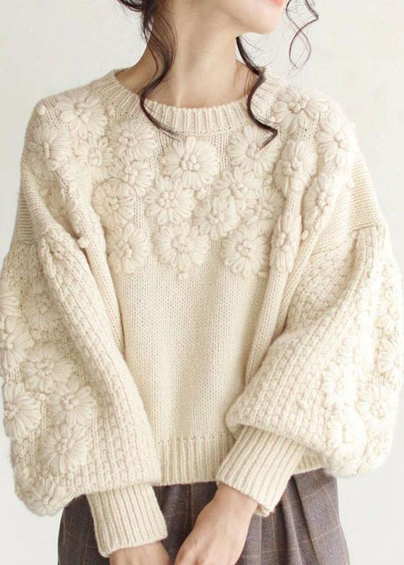Chic Beige Thick Warm Embroidered Fall Knit sweaters