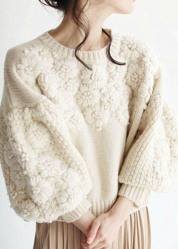 Chic Beige Thick Warm Embroidered Fall Knit sweaters