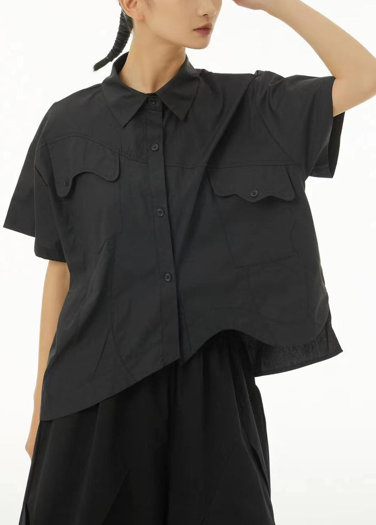 Chic Black Asymmetrical Design Oversized Cotton Shirt Tops Summer