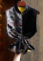 Chic Black Asymmetrical Embroidered Pockets Silk Velour Waistcoat Sleeveless