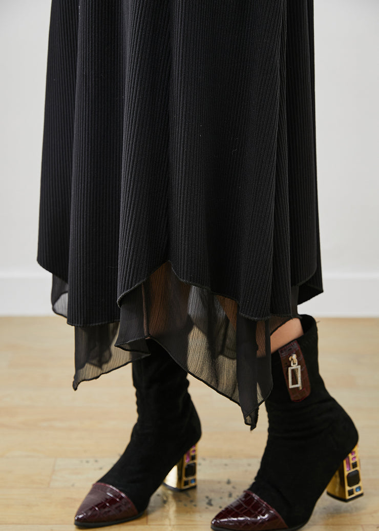 Chic Black Asymmetrical Exra Large Hem Cotton Long Dress Spring