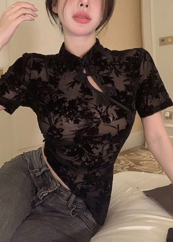 Chic Black Asymmetrical Lace Patchwork Tulle Top Short Sleeve
