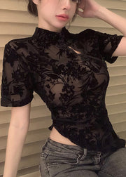 Chic Black Asymmetrical Lace Patchwork Tulle Top Short Sleeve