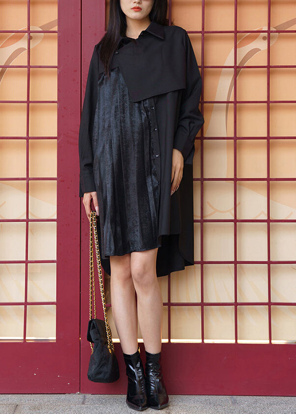 Chic Black Asymmetrical Low High Design Cotton Dresses Spring