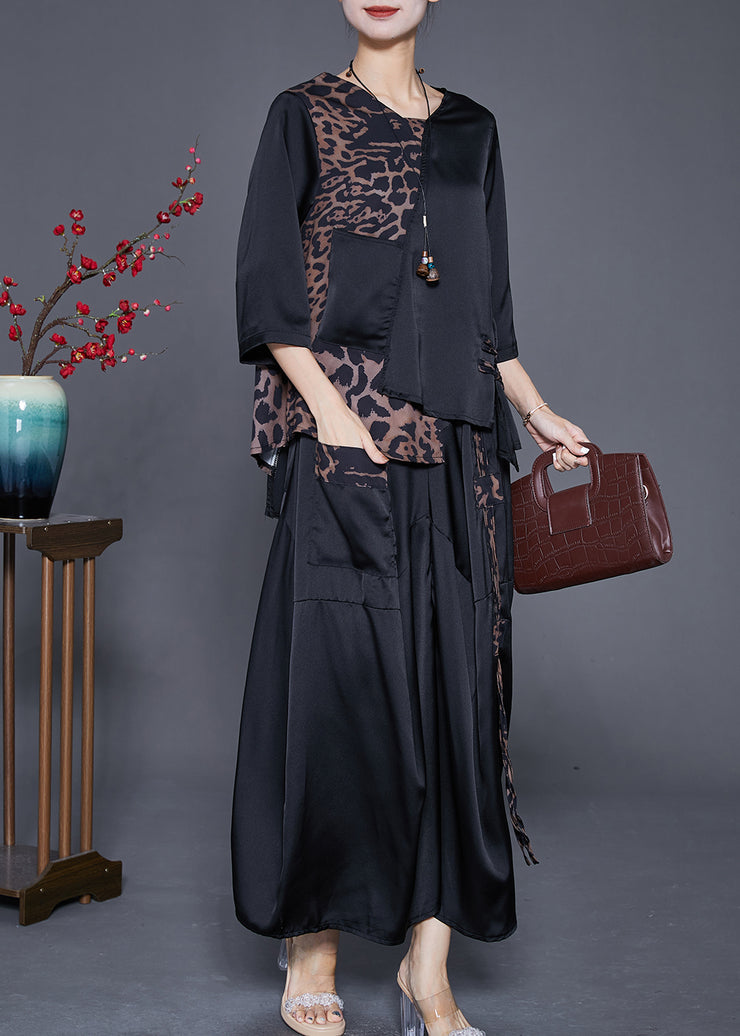 Chic Black Asymmetrical Patchwork Leopard Silk Two Pieces Set Summer