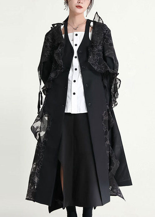 Chic Black Asymmetrical Ruffled Patchwork Tulle Trench Coats Fall