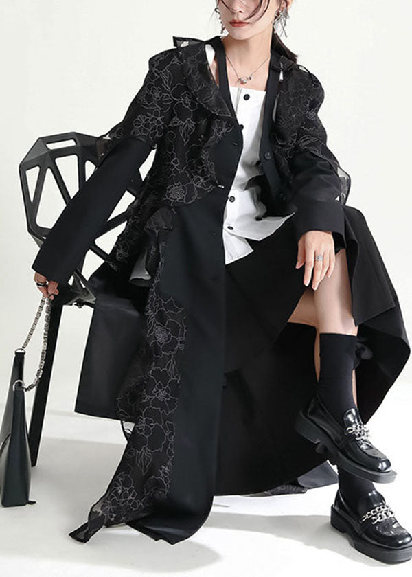Chic Black Asymmetrical Ruffled Patchwork Tulle Trench Coats Fall