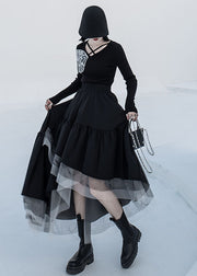Chic Black Asymmetrical Tulle Patchwork Elastic Waist Cotton A Line Skirt Summer